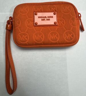 Michael Kors Orange Embossed Logo Neoprene Wristlet Zip Pouch Clutch Wallet